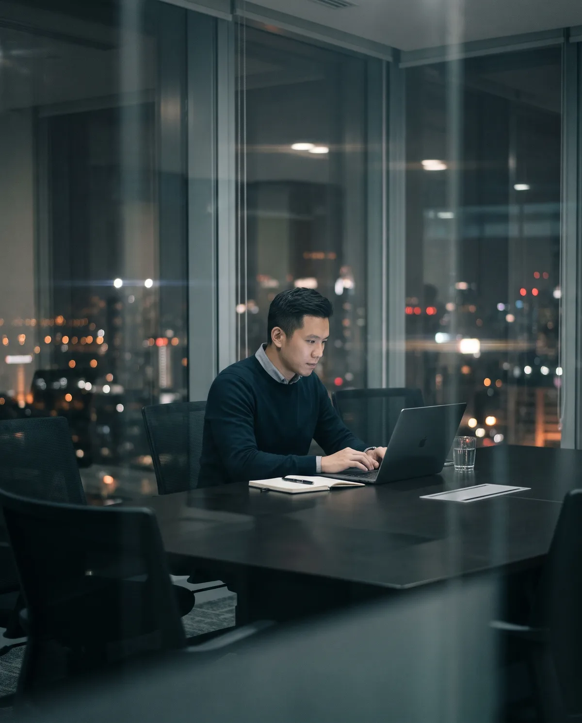 Analyst studying charts on a laptop at night