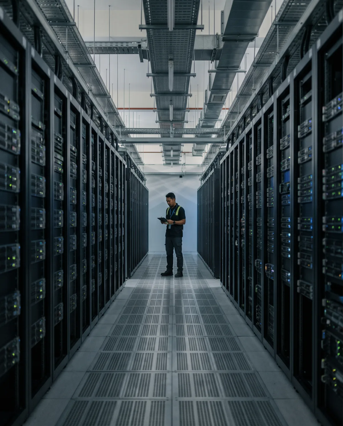 Data centre aisle with rows of server racks