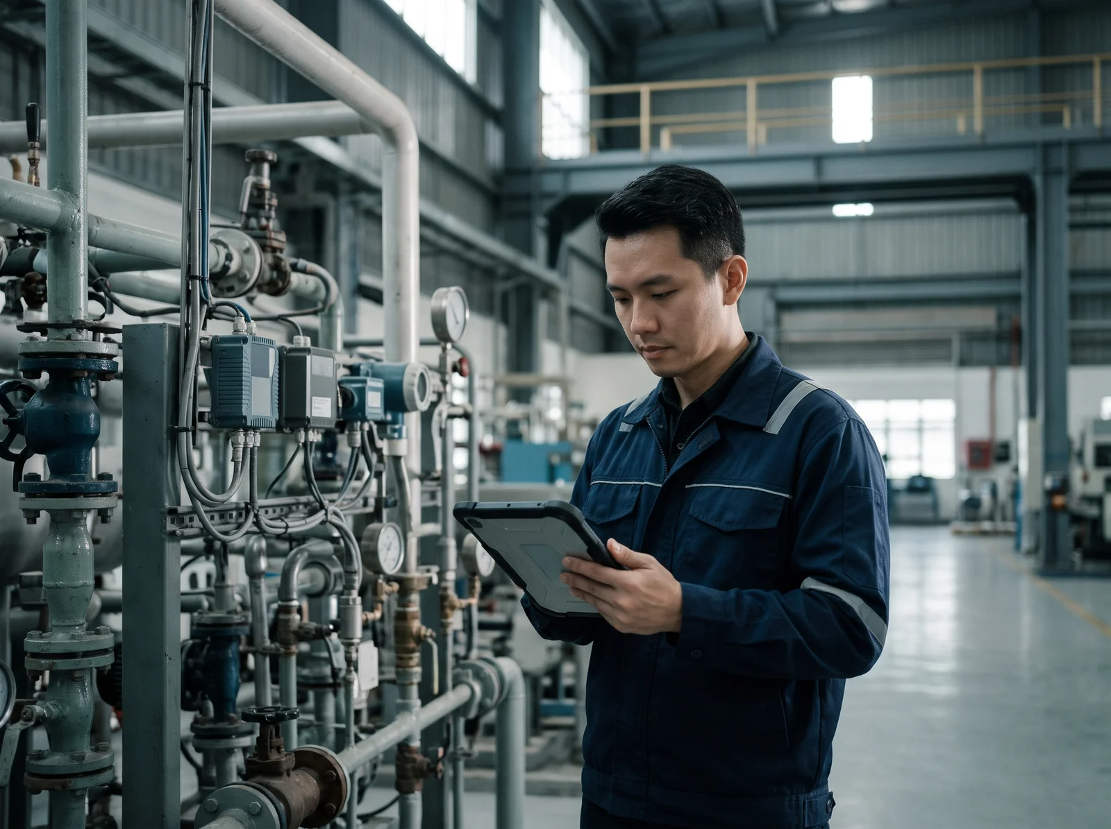 Operations engineer checking connected factory equipment on a tablet