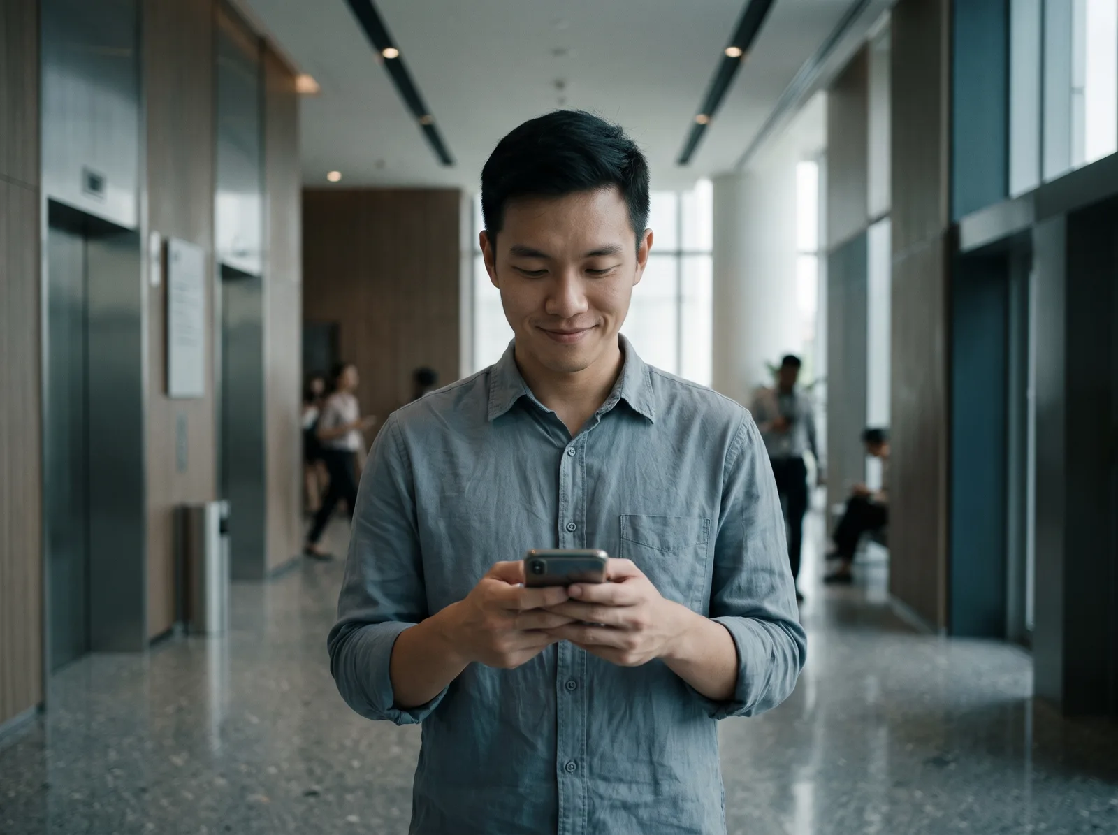 Employee checking his payslip on his phone in a lift lobby