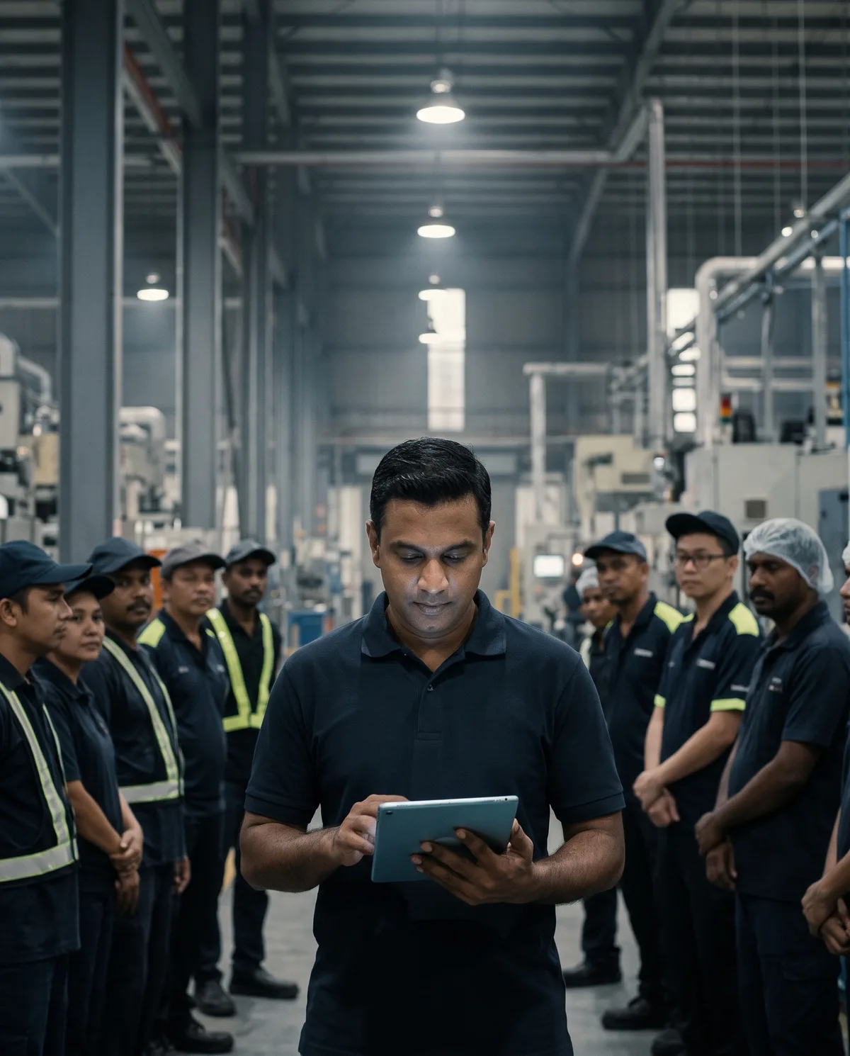 Supervisor checking a tablet during a factory shift handover