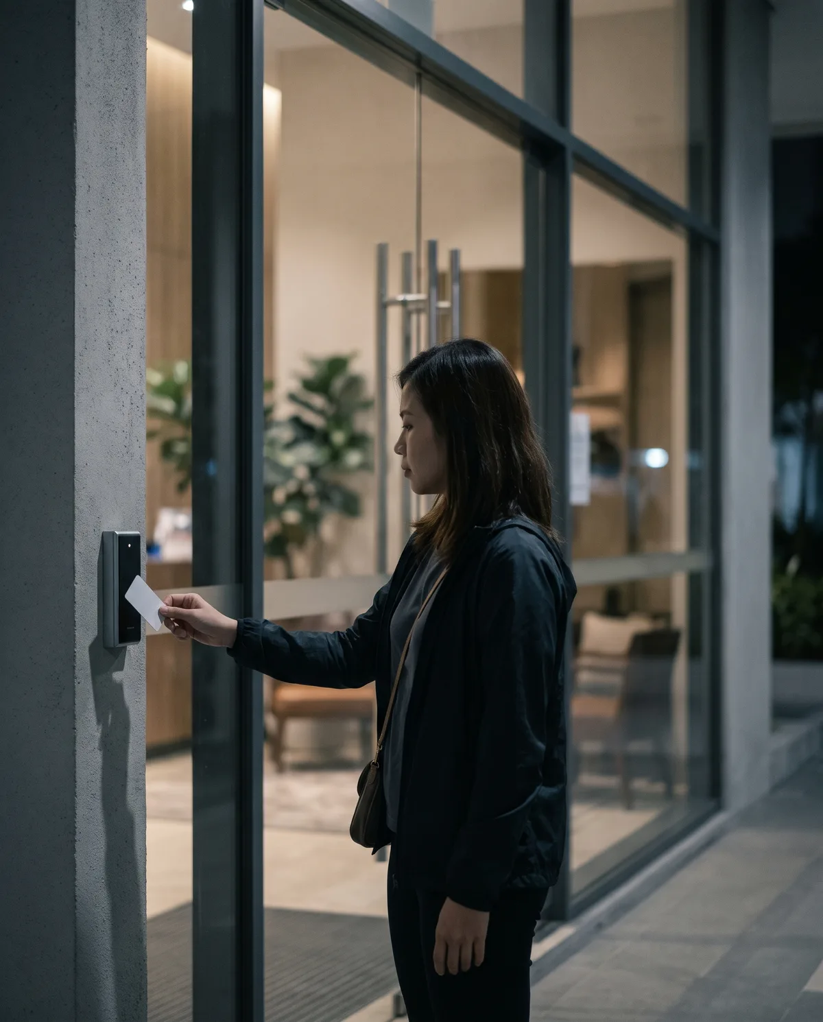 Resident tapping an access card at a lobby door
