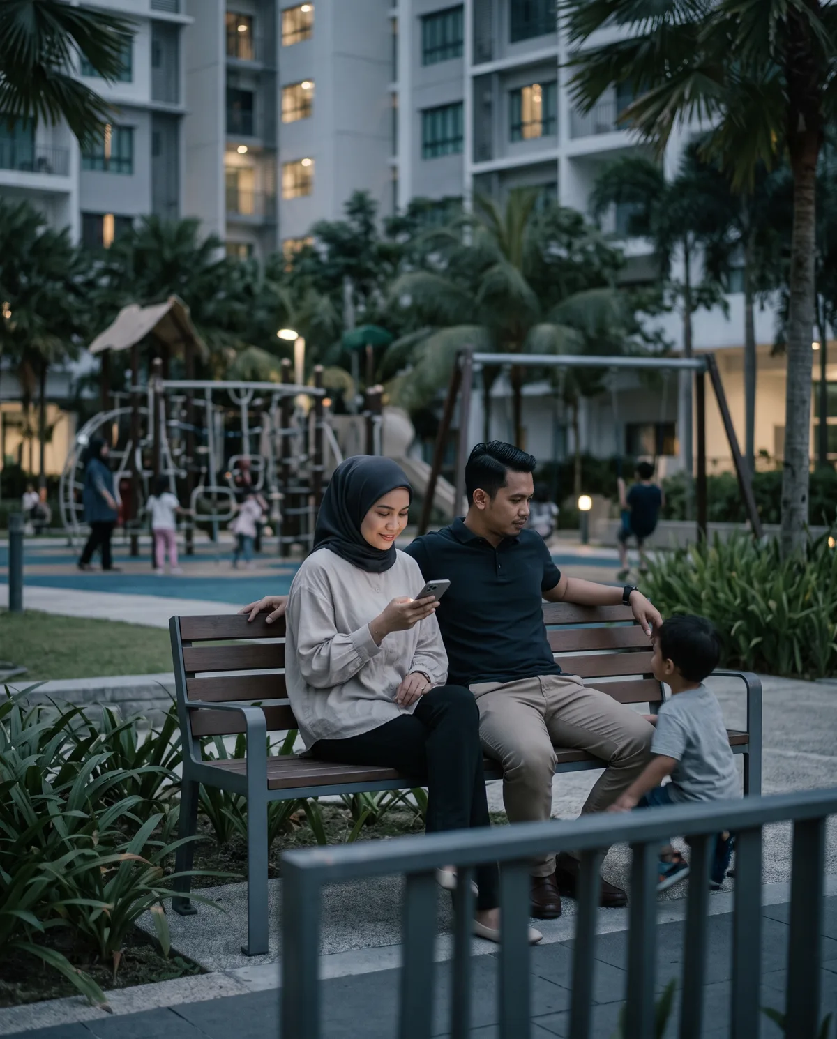 Family relaxing in a condominium garden while the mother reads a notice