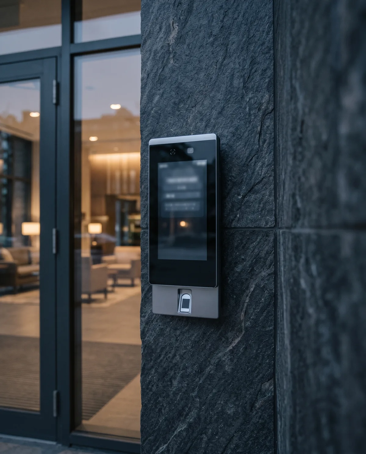 Face recognition terminal beside a lobby entrance
