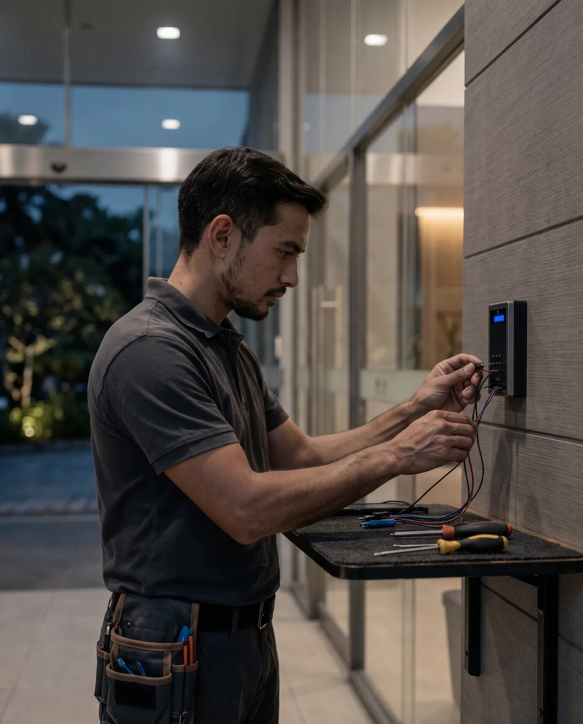 Technician installing an access device at a lobby wall
