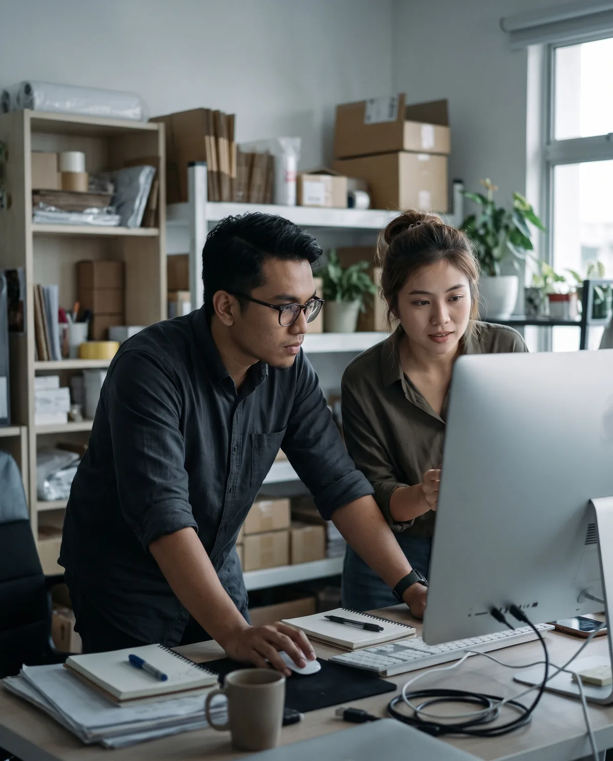 Co-founders reviewing their online store on a monitor