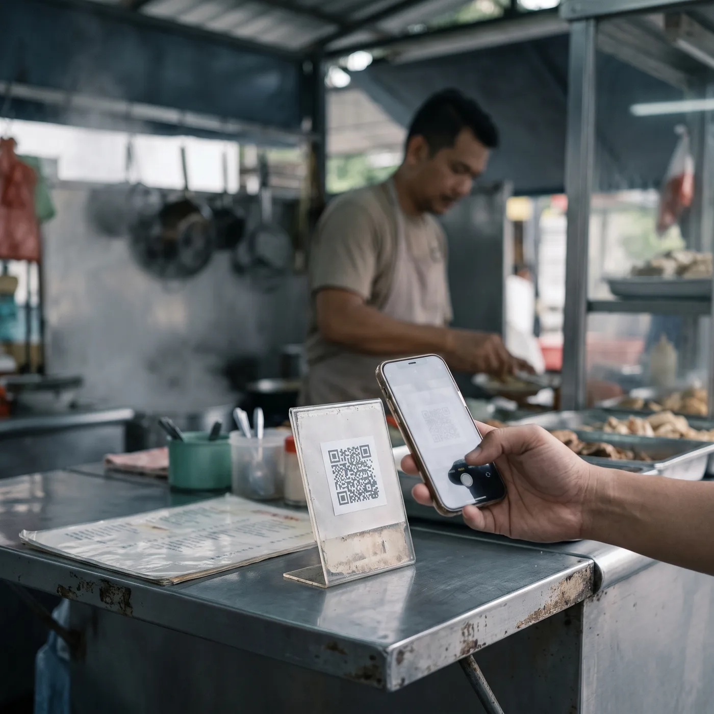 Customer scanning a QR code to pay at a food stall