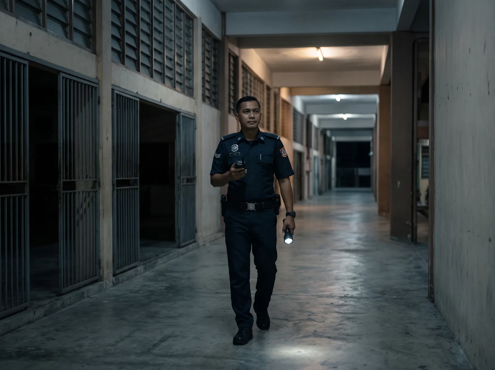Guard patrolling past the school hall at night