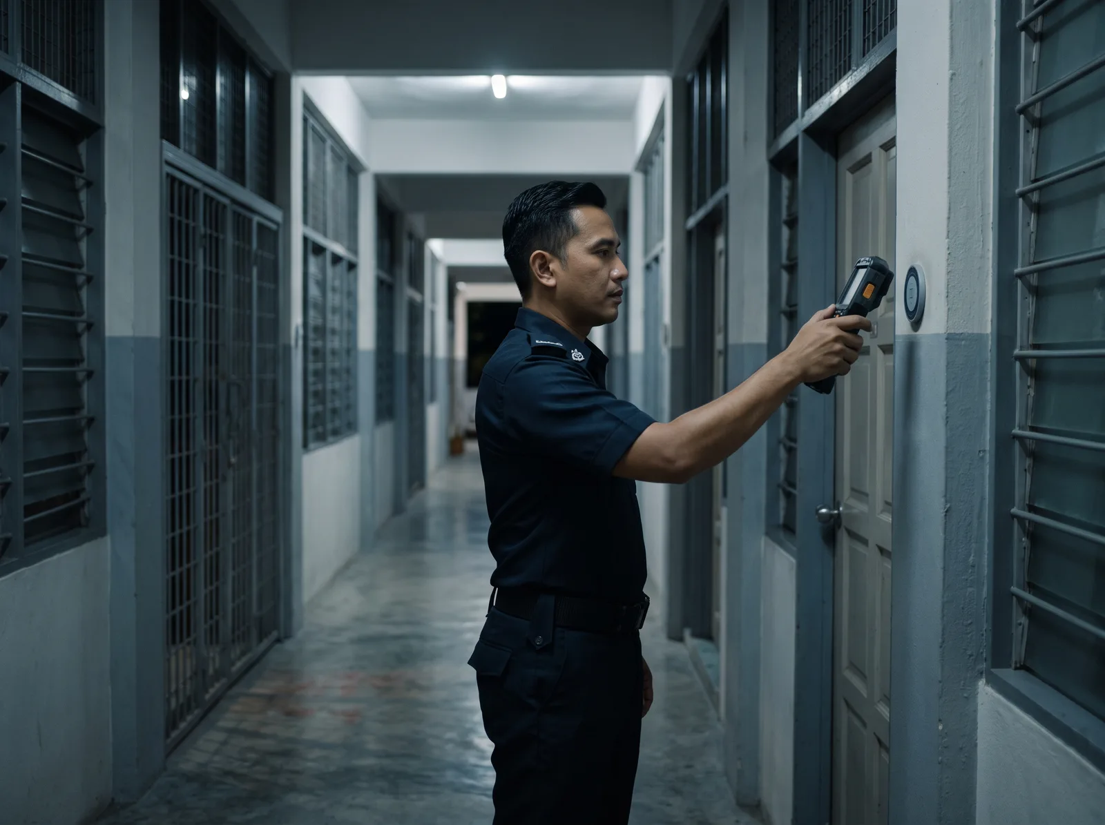 Guard scanning a checkpoint tag in a school corridor