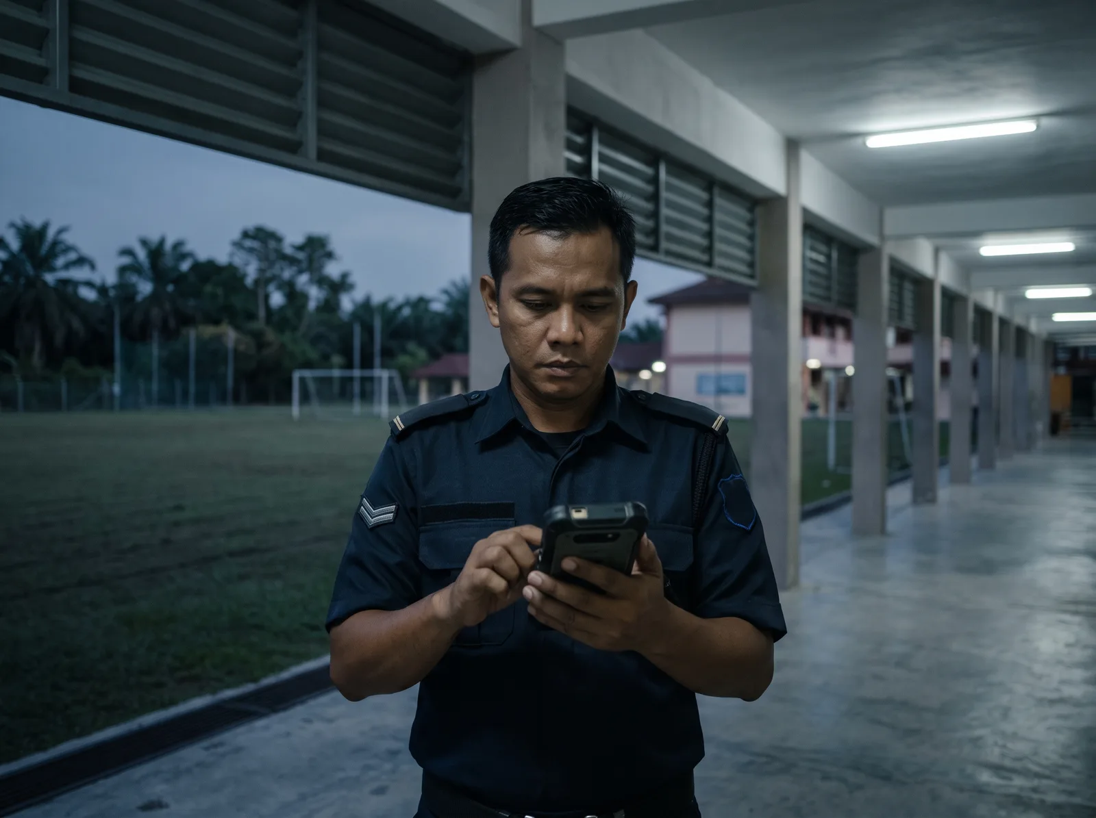 School guard checking his handheld device on a covered walkway