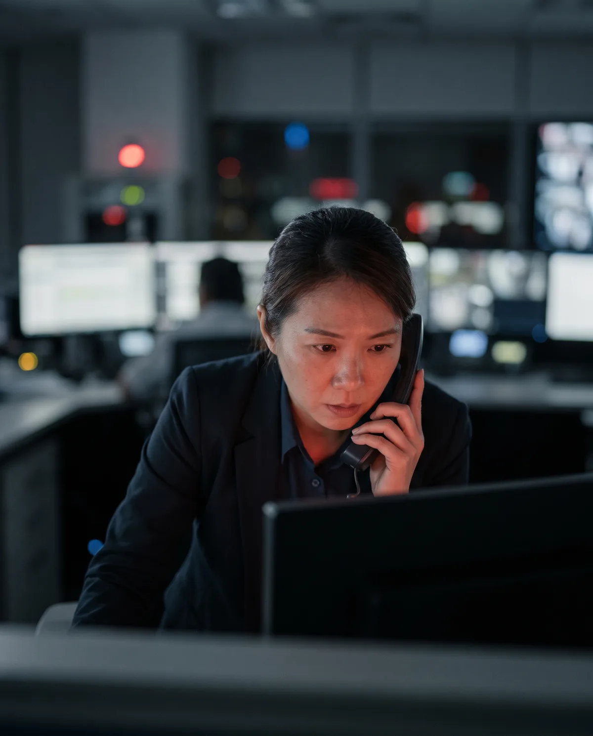 Supervisor in a control room reacting to an alert on her screen