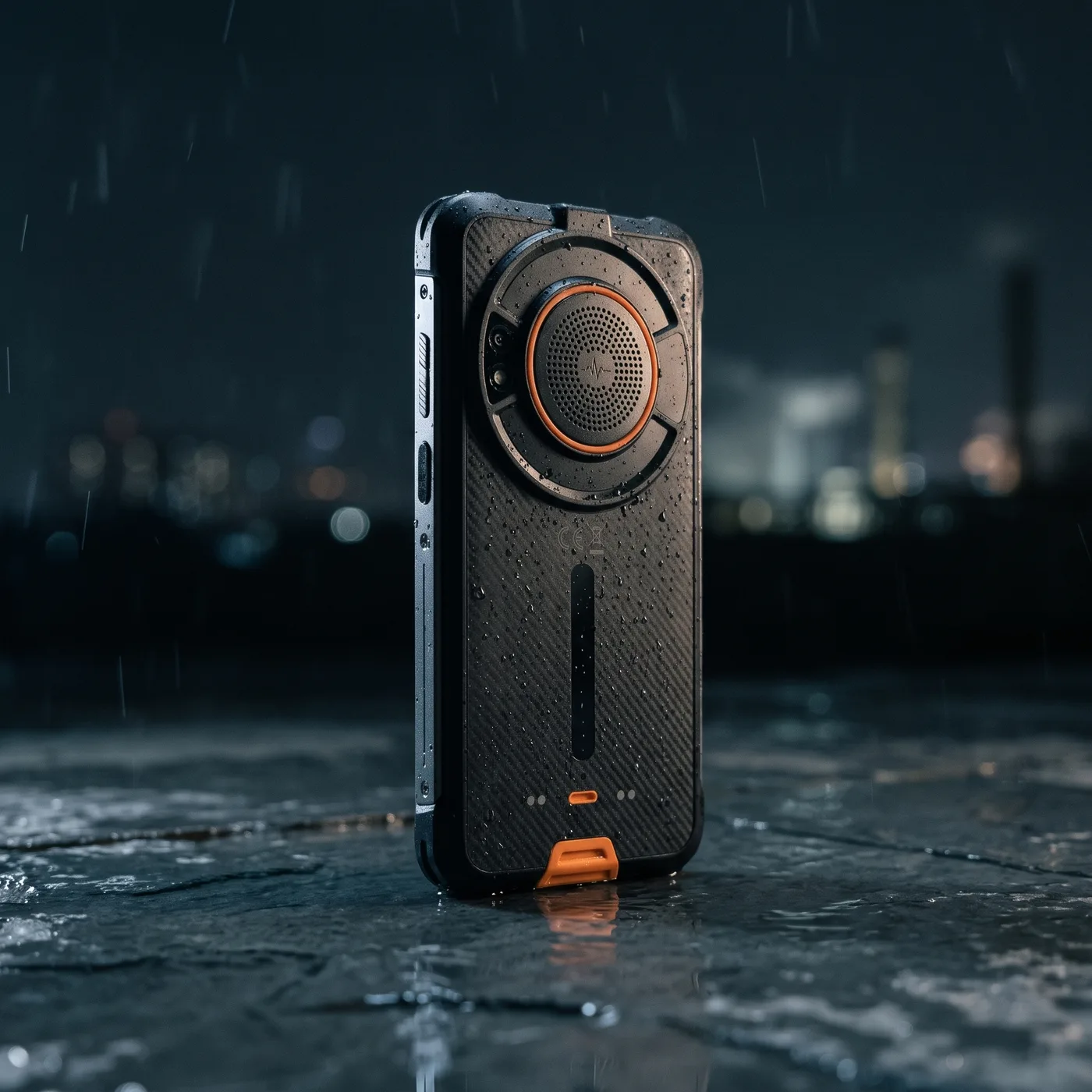 TrackerHero rugged handheld device on a wet surface at night