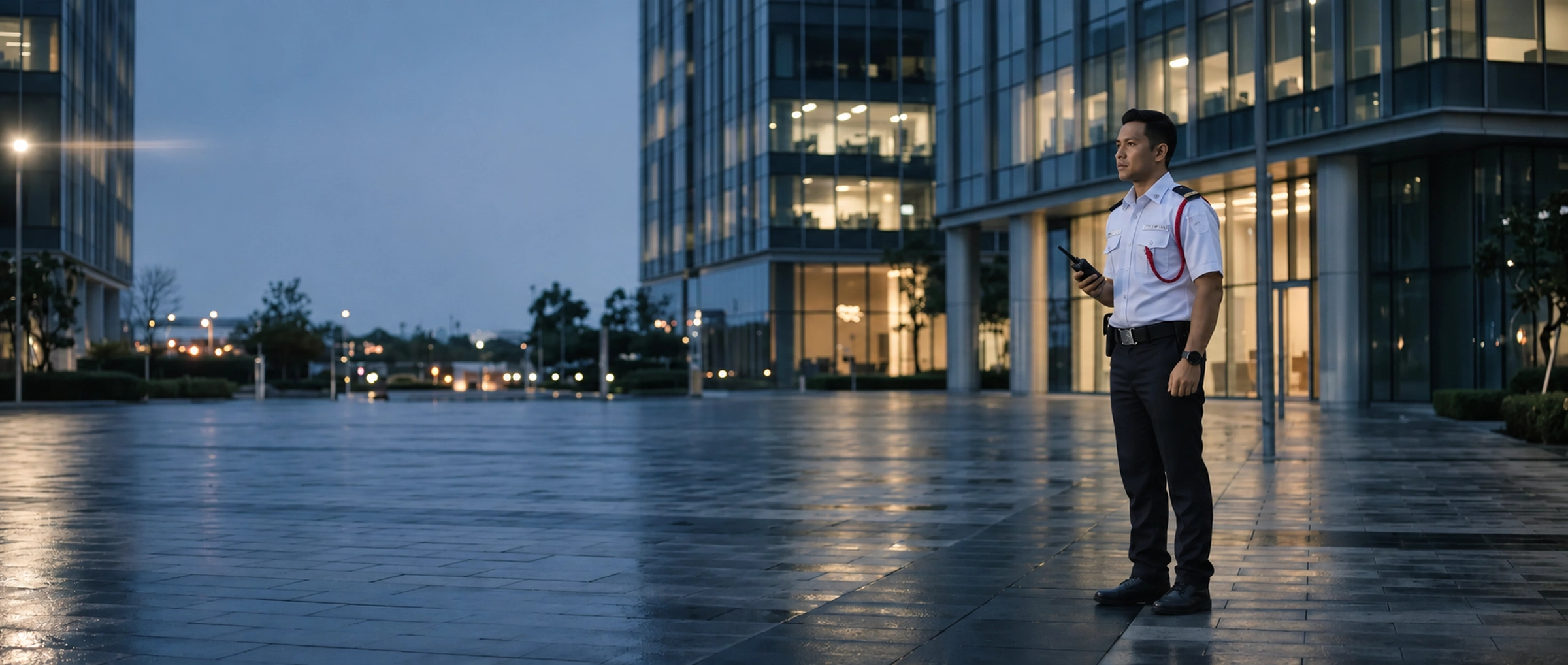 Security guard with a handheld device watching over an office plaza at dusk