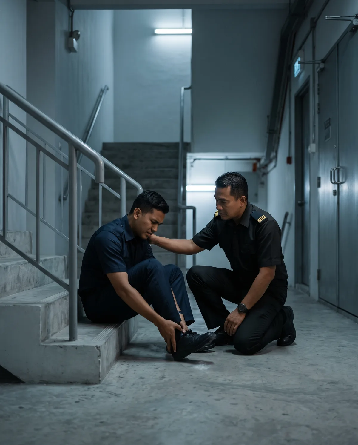 Supervisor kneeling to help a guard who fell in a stairwell