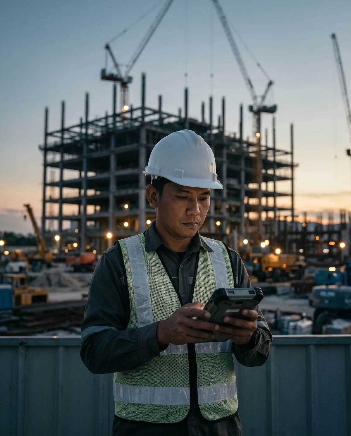Site security supervisor checking a device at a construction site