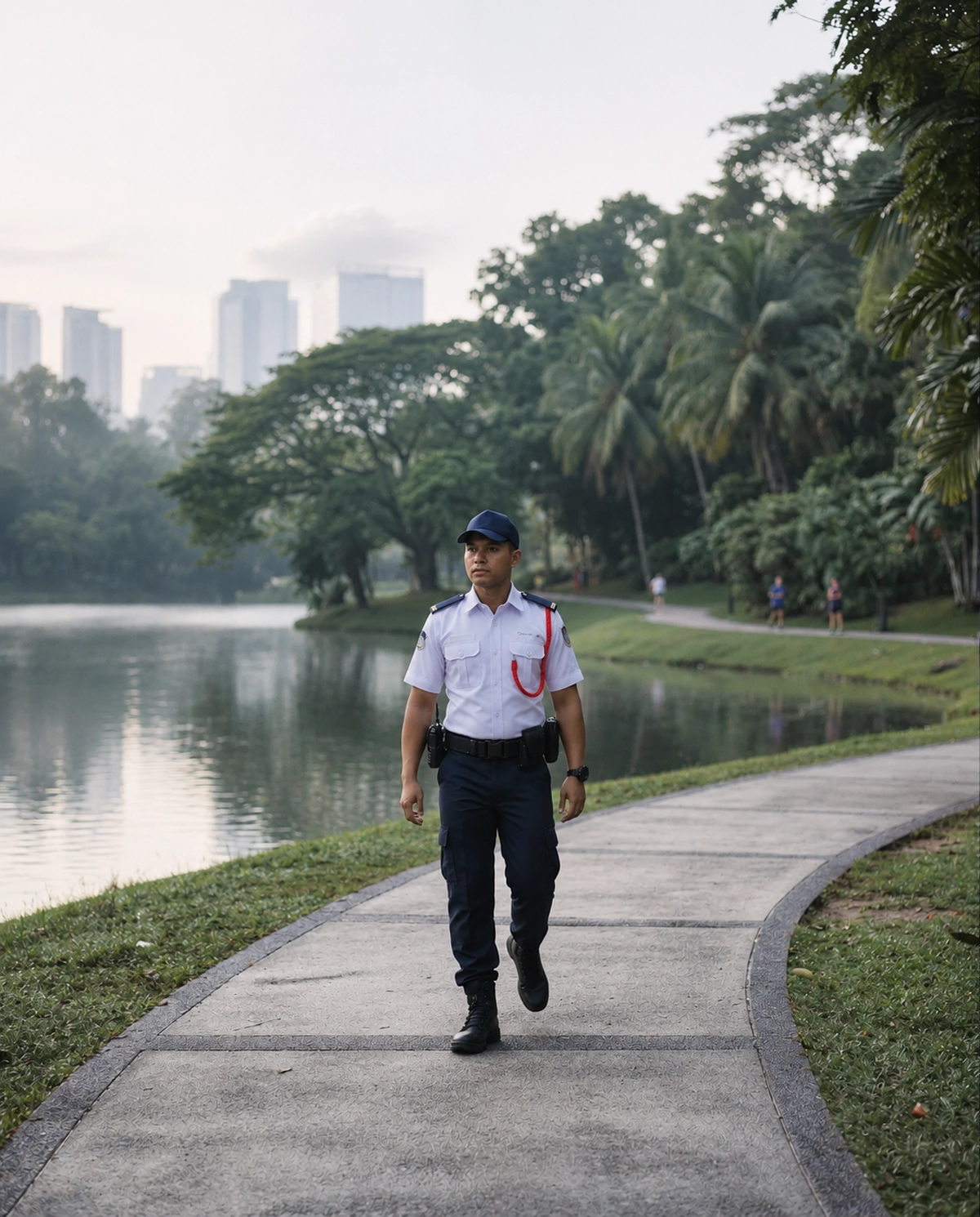 Patrol officer walking through a public park in the morning