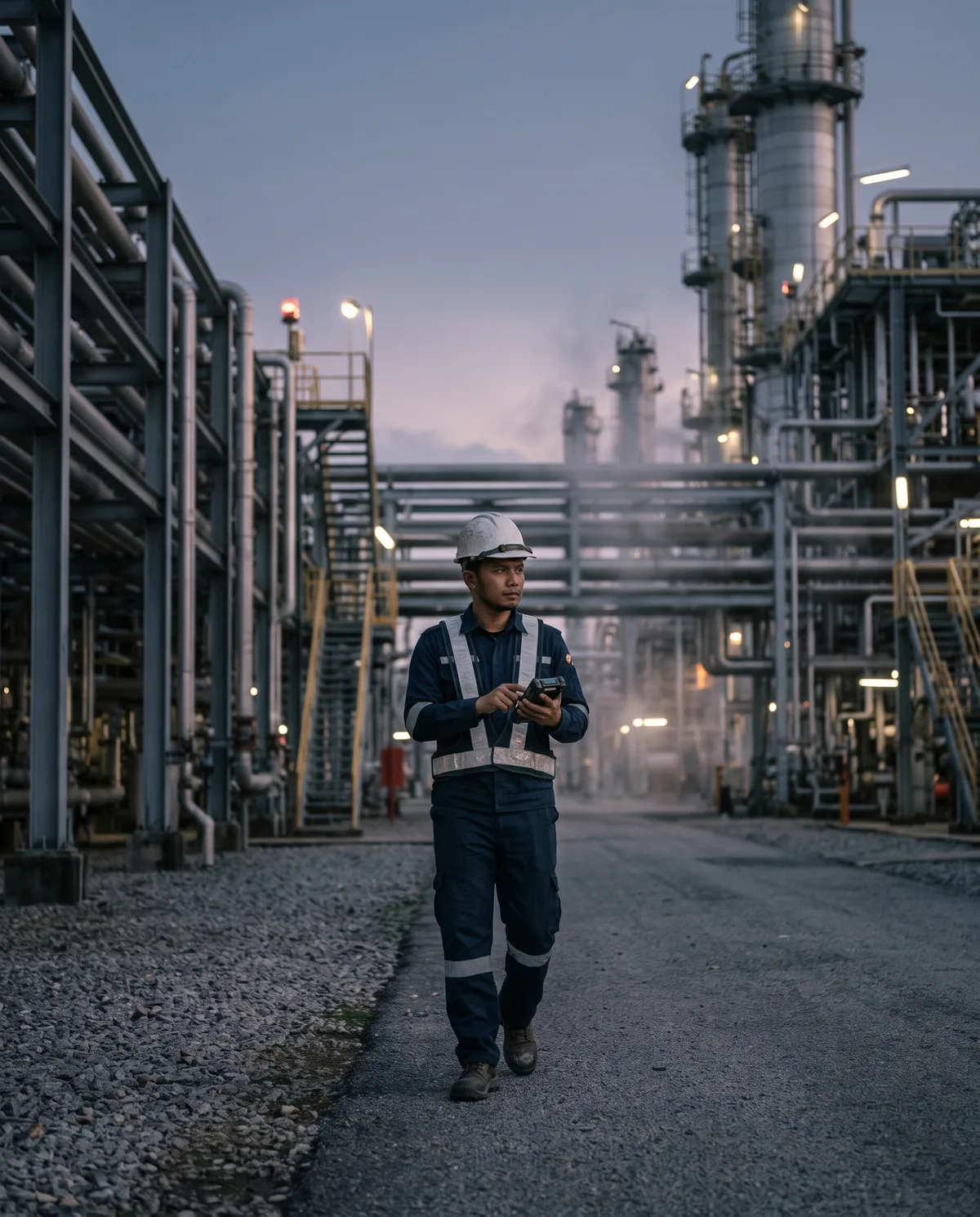 Guard in a hard hat patrolling a processing plant at dusk
