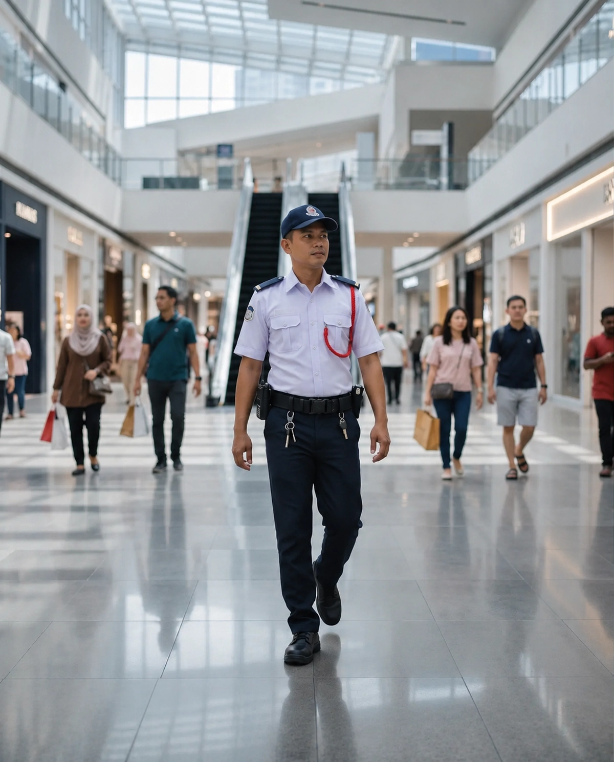 Guard on patrol in a shopping mall