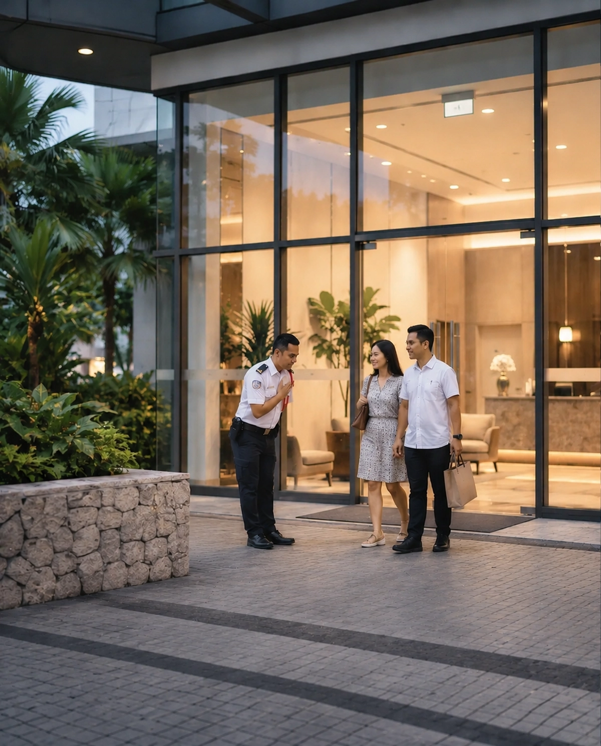 Guard greeting residents at a condominium lobby