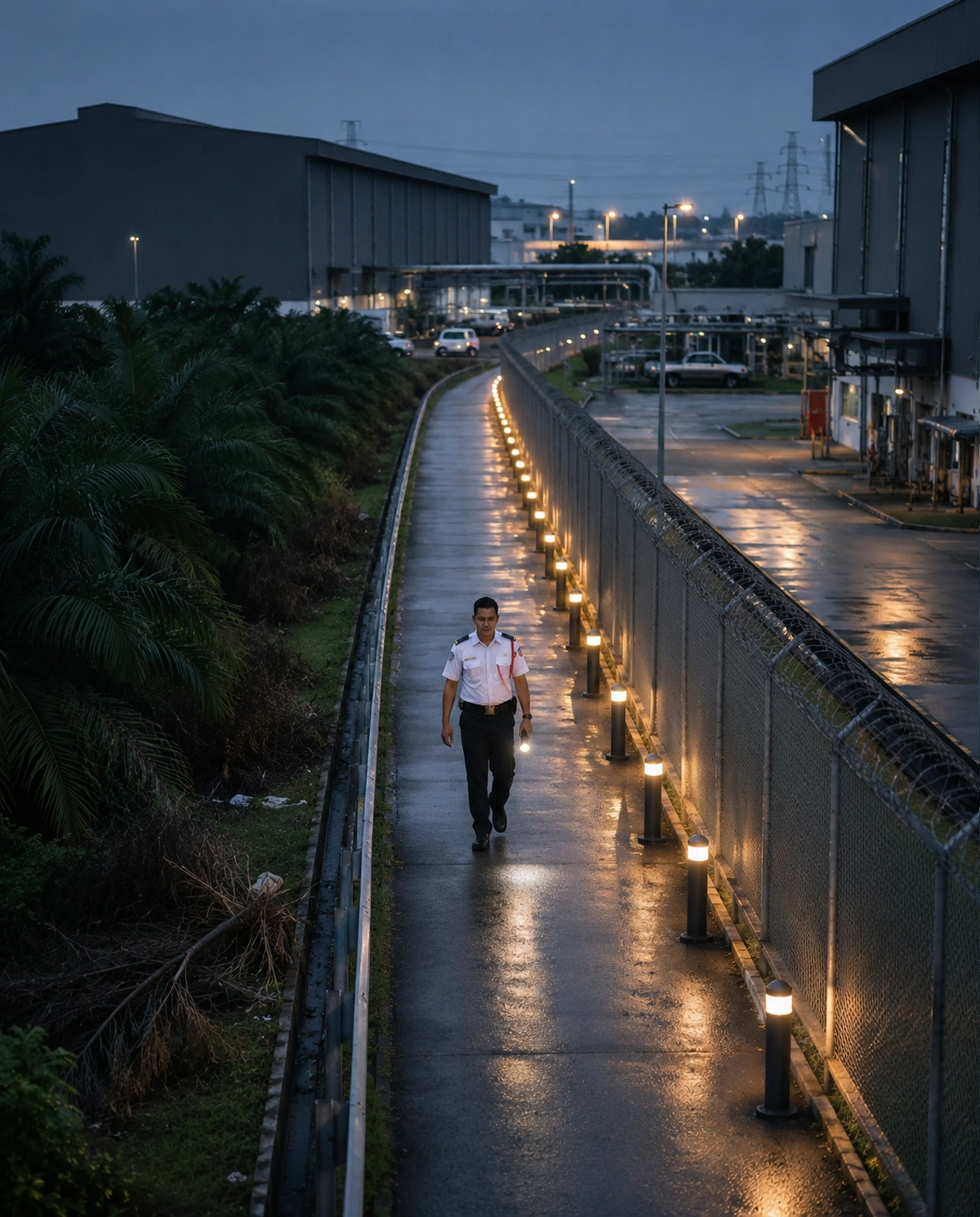 Guard walking a lit patrol path along a perimeter fence