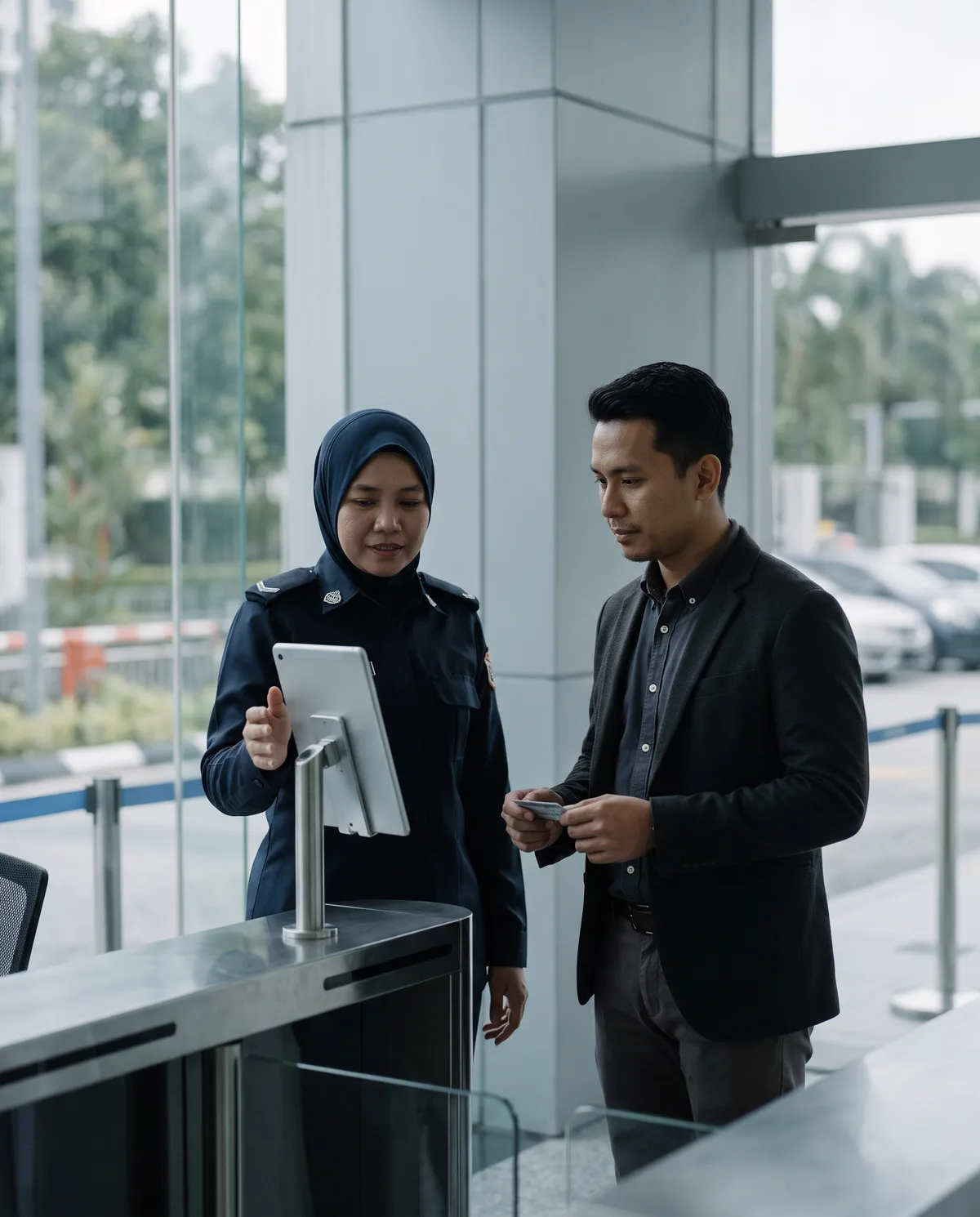 Security officer guiding a visitor to a face recognition tablet